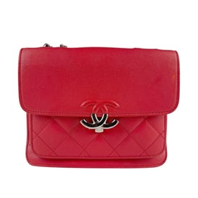 CHANEL Shoulder Bag Leather Metal Red Silver Women's z7430