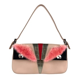Fendi Monster Baguette Leather Shoulder Bag in Pink and Silver, Women's, BR600-V04, z7447
