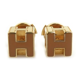Hermes Hermès H-Cube Metal Enamel Earrings in Gold and Orange Brown, Women's, e61026i