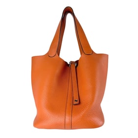 Hermes Hermès Picotin Lock MM 22 Handbag in Taurillon Clemence Leather, Orange and Silver, Women's,