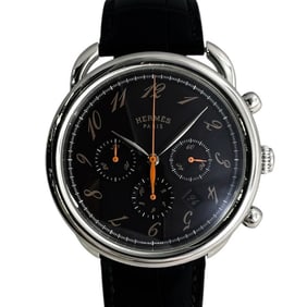 HERMES Arceau Chronograph AR4.910a Men's Automatic Watch, Stainless Steel Leather, Black Dial