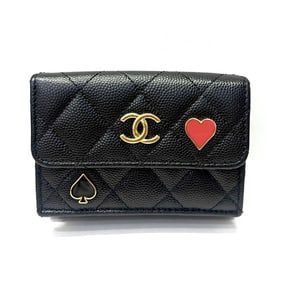 CHANEL Caviar Leather Heart Spade Tri-fold Wallet Black AP3081