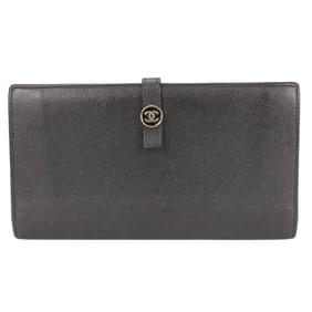 Chanel Coco Button Leather Long Wallet, Black, Bifold, Double Mark, Women's, CHANEL