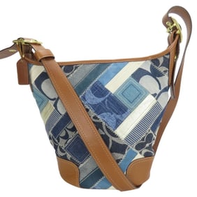 Coach 12213 Signature Bucket Shoulder Bag in Denim, Leather, and Suede with Patchwork Blue, Brown,