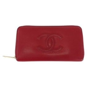 CHANEL Coco Mark Red Gold Hardware Leather Long Wallet Round Zipper Women's
