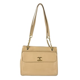 CHANEL Shoulder Bag, Caviar Leather, Metallic, Beige, Gold, Women's, Z7260