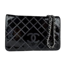 Chanel CHANEL Chain Wallet, Enamel Leather, Black, Women's, z7240