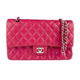 CHANEL Matelasse Shoulder Bag with Double Flap, Leather and Metal, Red Pink Silver, Women's, Z7450