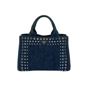 PRADA Prada Canapa Triangle Logo Beaded Stud Denim Handbag Mini Tote Bag Blue 46985