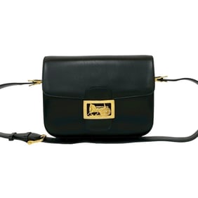 CELINE Logo Carriage Calf Leather Shoulder Bag Pochette Black 54167