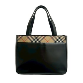 BURBERRY Nova Check Logo Embossed Leather Canvas Handbag Mini Tote Bag Black Beige 19111