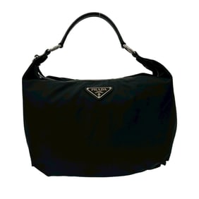 PRADA Triangle Logo Plate Tessuto Nylon and Saffiano Leather Semi-One Shoulder Bag, Black, 34343