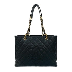 CHANEL Coco Mark Caviar Leather Chain Tote Bag Handbag Black 16531