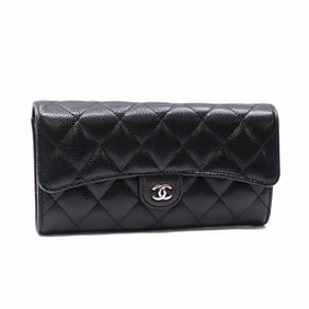 Chanel Matelasse Bifold Long Wallet, Women's, Black Caviar Leather, Coco Mark, A80758