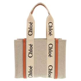 Chloé Like new Chloe WOODY Medium Tote Bag Leather Linen Canvas Beige Orange Handbag 1053Chloe