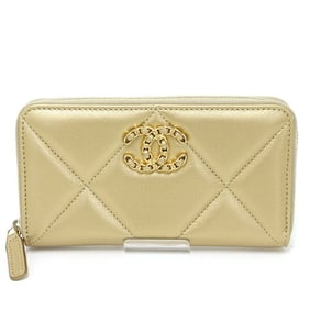 CHANEL 19 Small Zip Wallet Lambskin Gold 30s Quilted Coco Mark F-04691
