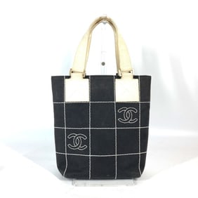 CHANEL CC Coco Mark Bag Bicolor Tote Handbag Canvas Women's Black