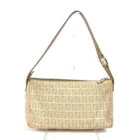FENDI Zucchino Zucca Logo Shoulder Bag Leather Canvas Women's Beige