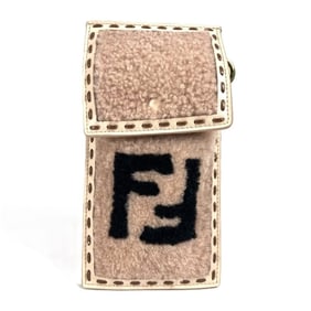 FENDI 7AS047 Smartphone Case Phone Pouch Bag FF Logo Fur Charm Leather Women's Beige