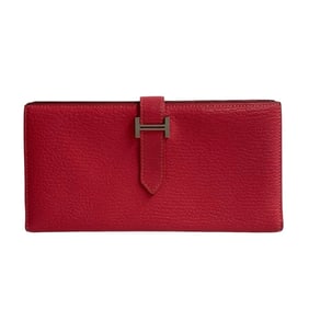 HERMES Bearn Souffle Leather Chevre Bifold Long Wallet with Bill Compartment, Pink, 38084