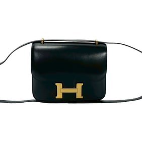 HERMES Constance 18 Box Calf Leather Shoulder Bag, Black, 78297