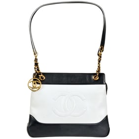 CHANEL Two-tone Coco Mark Chain Tote Shoulder Bag Leather White Navy Women's