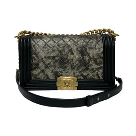 CHANEL Boy Chanel Quilted Metallic Leather Shoulder Bag in Black, 32152