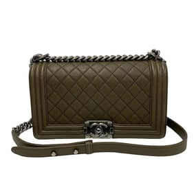 CHANEL Boy Chanel Coco Mark Leather Chain Shoulder Bag, Khaki 38130