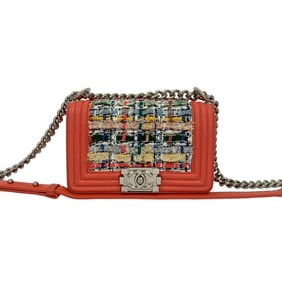 CHANEL Boy Chanel Leather Tweed Shoulder Bag in Pink and Multicolor (18464)