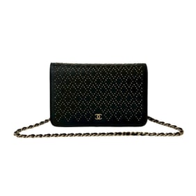 CHANEL Studded Grid Chain Wallet Coco Leather Long Shoulder Bag Black 24925