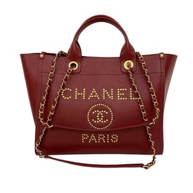 CHANEL Deauville Caviar Leather 2-Way Handbag/Semi-Shoulder Bag, Red, 14577