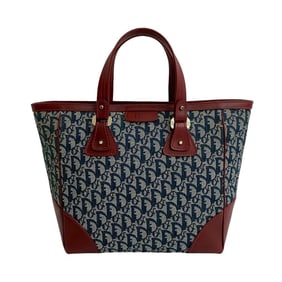 Christian Dior Trotter Pattern Canvas Leather Handbag Tote Bag Navy/Bordeaux 77053