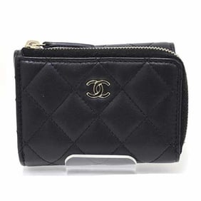 CHANEL Compact Wallet Tri-fold L-Shaped Matelasse Lambskin Black Light