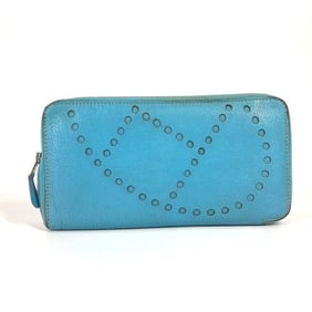 HERMES Evelyn punched logo round zipper long wallet, leather, women's, blue jean.