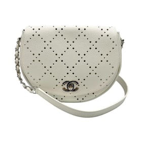 CHANEL Shoulder Bag with Punching Chain, Matte Caviar Leather, White, Women's