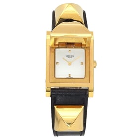 Hermès Medor Women's Pyramid Gold Stud Watch in White and Black Leather with Quartz Movement