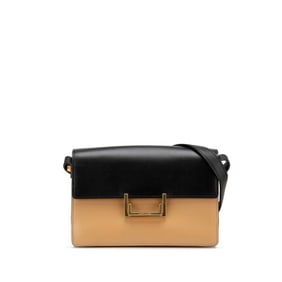 Saint Laurent logo shoulder bag in black and beige leather for women.