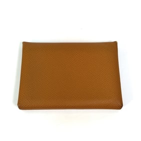 HERMES Calvi Duo Wallet, Coin Purse, Card Case, Epsom Leather, Women's, Gold/Brown