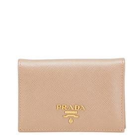 Prada Saffiano Card Case/Pass Case, Beige Leather, Women's, PRADA