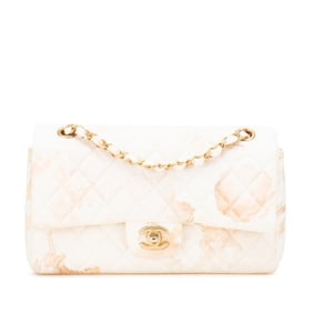 CHANEL Matelasse 25 Coco Mark Double Flap Gold Hardware Flower Chain Shoulder Bag White Pink Cotton