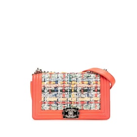 Chanel Coco Mark Boy 25 Shoulder Bag in Orange, Multicolored Tweed and Lambskin, Women's CHANEL