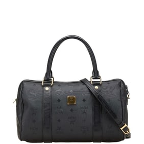 MCM Visetos Monogram Mini Boston Bag/Shoulder Bag, 2-Way, Black PVC Leather, Women's