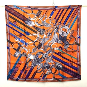 HERMES Concours detriers Carré 90 Scarf, Silk, Women's, Orange, Purple, and Blue, Like New