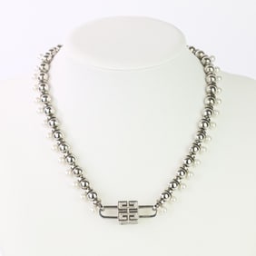 GIVENCHY 4G Metal Logo Cube Ball and Faux Pearl Necklace in Silver for Women