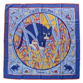 HERMES Carré 90 CAVE FELEM Cat-Watching Large Scarf/Muffler Blue Women's