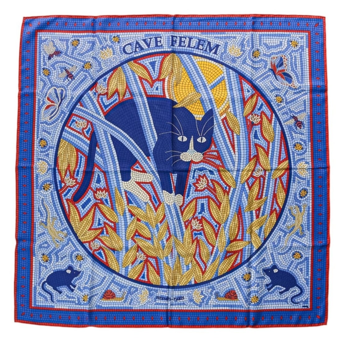 HERMES Carré 90 CAVE FELEM Cat-Watching Large Scarf/Muffler Blue Women's (1 of 12)