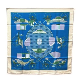 HERMES LA PERRIERE Carriage Carré 90 Silk Scarf Muffler Women's Blue/Green/Ivory