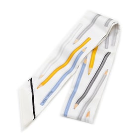 Hermes Twilly Scarf/Muffler: Get your colored pencils out! Silk, White, Gray, Blue Jean