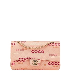 Chanel Coco Mark COCO Print Double Flap Chain Shoulder Bag Salmon Pink Multicolor Canvas Women's