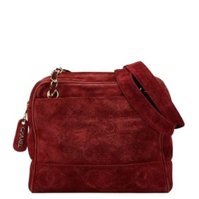 CHANEL Triple Coco Mark Chain Shoulder Strap Tote Bag Wine Red Bordeaux Suede Women's